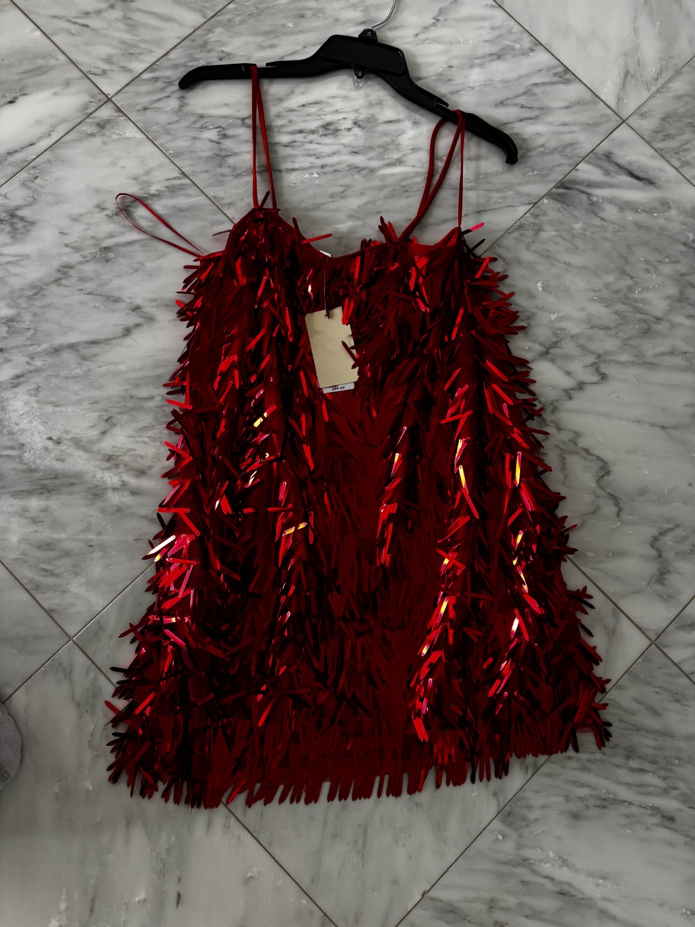 Red Sequin Fringe Party Top